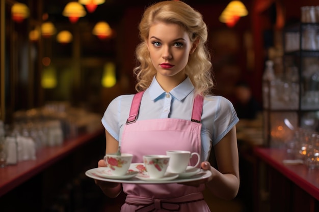 pretty waitress holding an empty tray