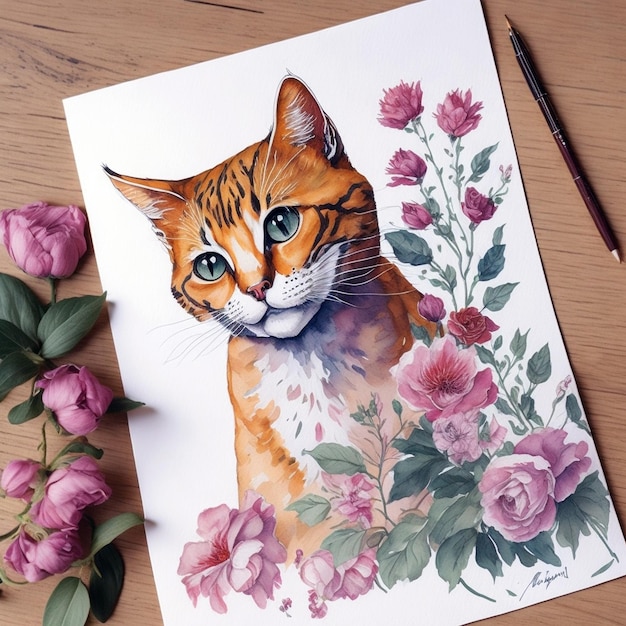 Pretty watercolor post card with cat