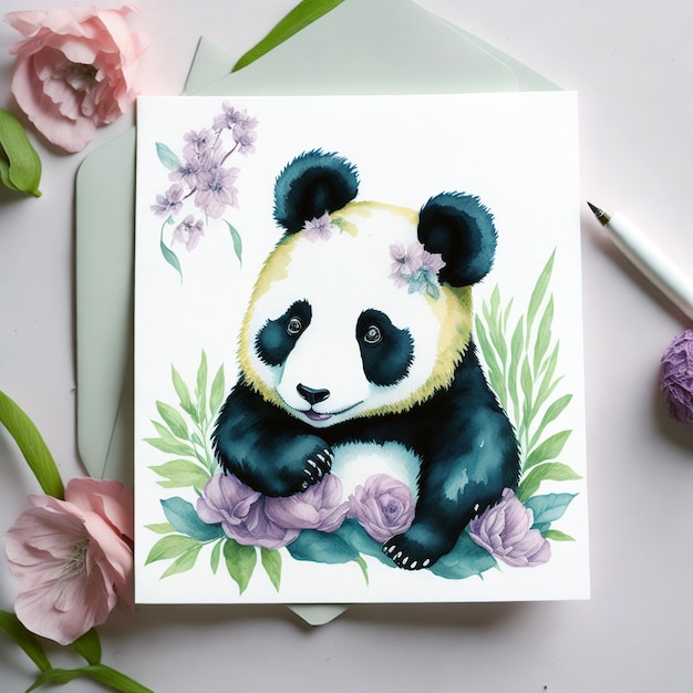 パンダを描いた麗な水彩のポストカード