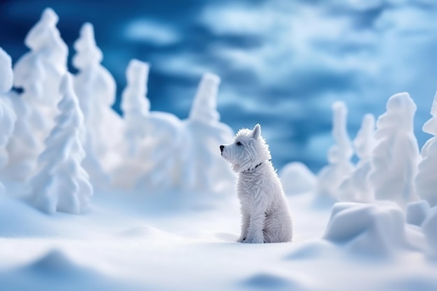 Красивая белая пушистая собака на снежном зимнем фоне