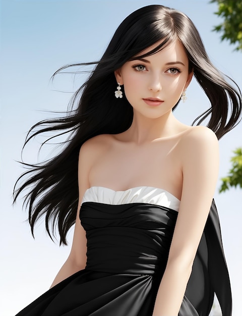 Pretty white model in a black satin dress Photos of models in designer dresses