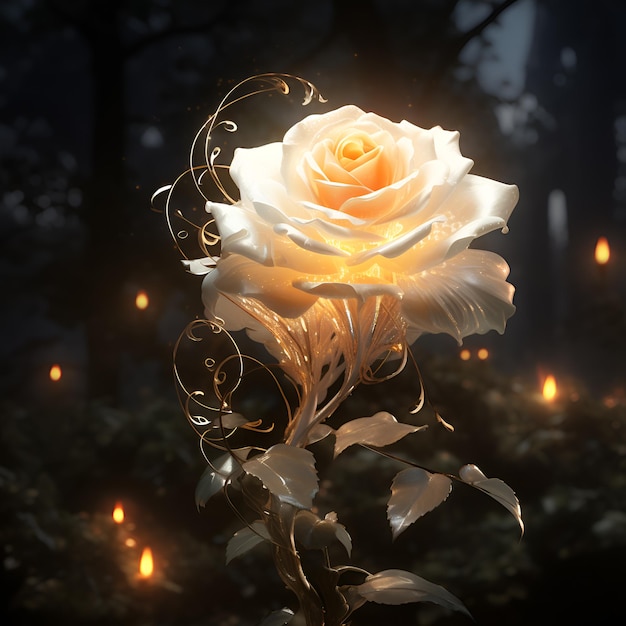 a pretty white rose in the dark light orange and light gold Ai generative