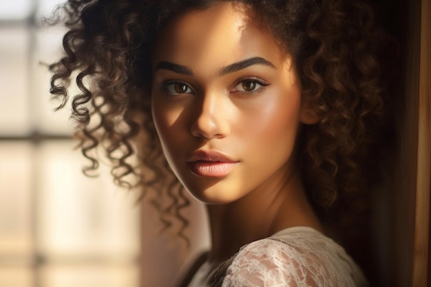 Pretty woman adult beauty model attractive curly cute female skin afro hair portrait fashionable one lady looking face african black person young american