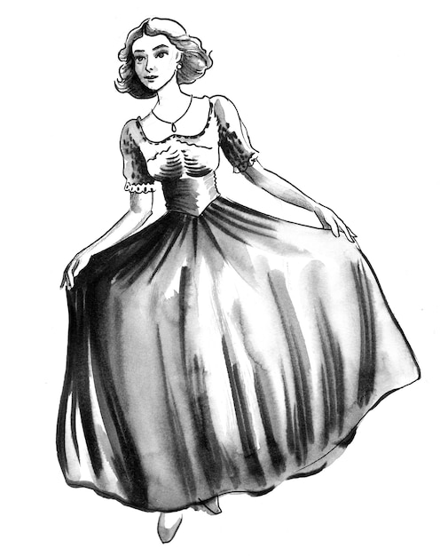 pretty woman in classic dress. ink and watercolor drawing