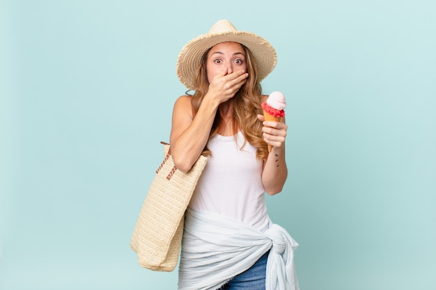 Pretty woman covering mouth with hands with a shocked. summer concept