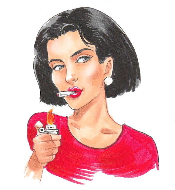 Pretty woman drinking beverage with a straw. Ink and watercolor drawing