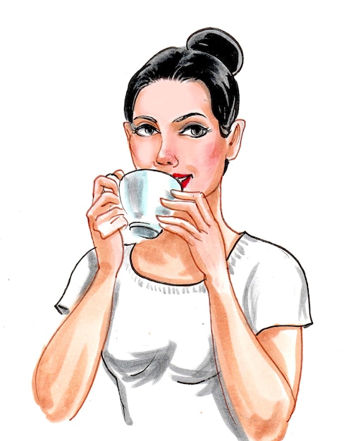 一杯のコーヒーを飲むきれいな女性。インクと水彩画