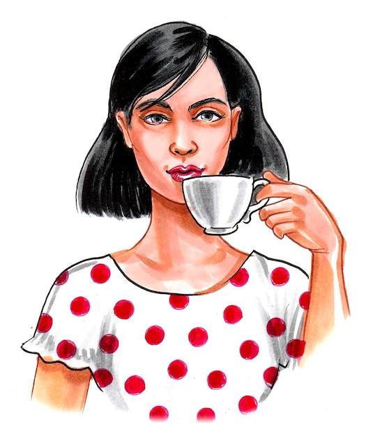 一杯のコーヒーを飲むきれいな女性。インクと水彩画