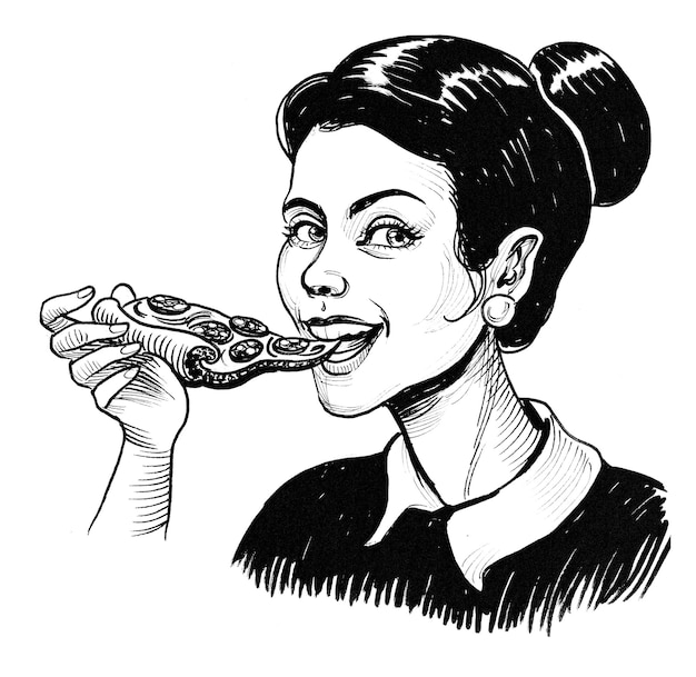 Foto bella donna che mangia una fetta di pizza. disegno a inchiostro in bianco e nero