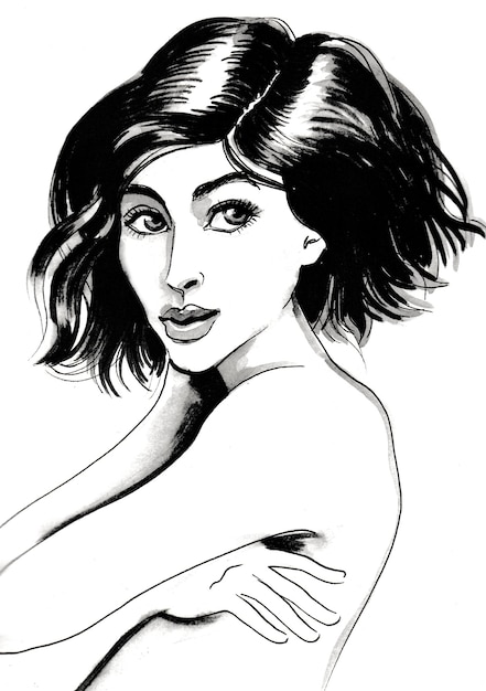 Pretty woman face. Ink black and white drawing