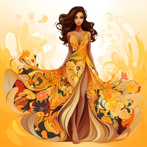 Pretty woman lady portrait with flowers in her dress and background