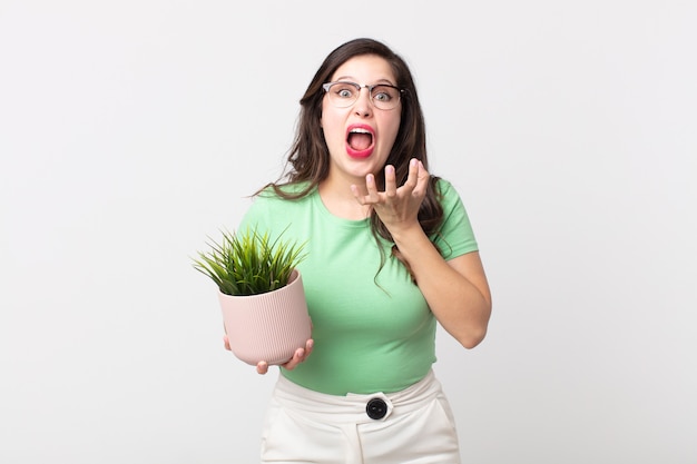 Pretty woman looking desperate, frustrated and stressed and holding a decorative plant