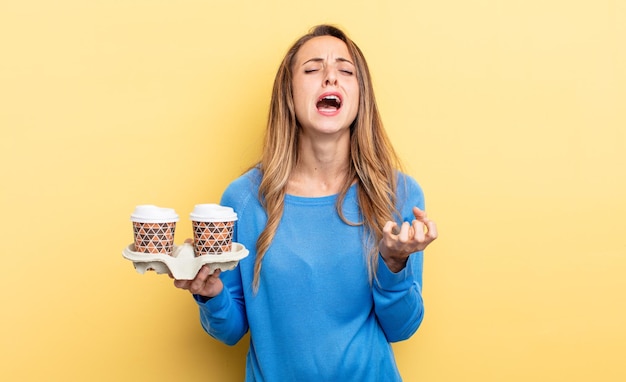 Pretty woman looking desperate frustrated and stressed take away coffee concept