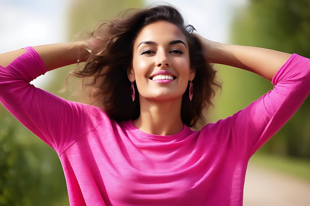 Pretty woman in pink dress smiling on white background