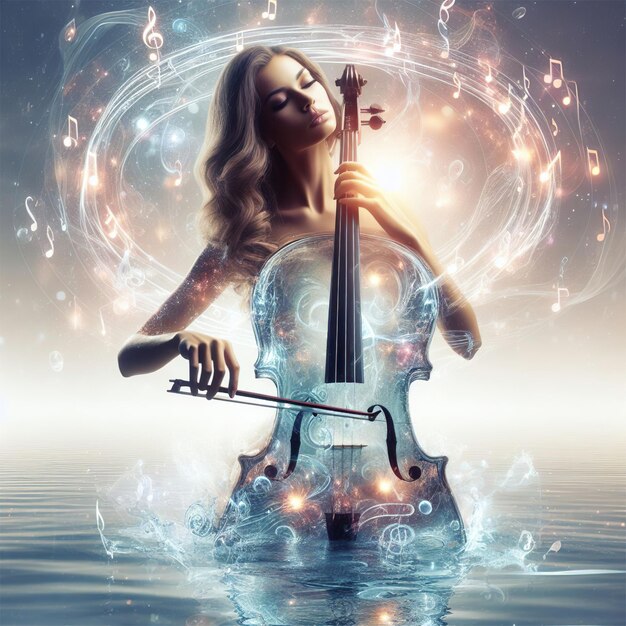 Photo pretty woman playing cello on water