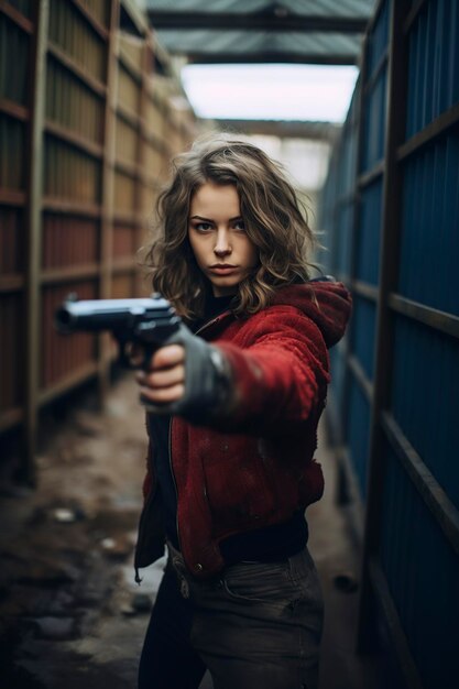 pretty woman posing in front of the camera with a gun in her hand