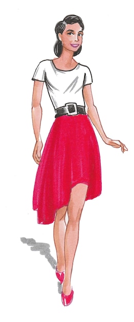 Photo pretty woman in red skirt and white blouse, ink and watercolor drawing