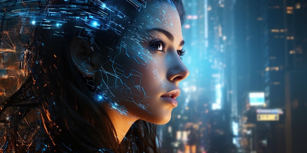 A pretty woman's face gazes at the lights amidst a mysterious atmosphere in the futuristic cityscape around her AI Generative AI