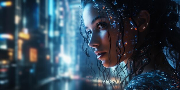 A pretty woman's face gazes at the lights amidst a mysterious atmosphere in the futuristic cityscape around her AI Generative AI