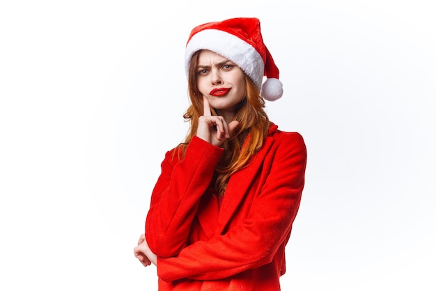 Pretty woman in santa claus costume fashion emotions close up