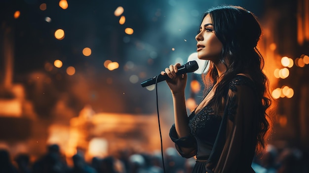 Pretty woman singer holding microphone on a stage Star singer on stage