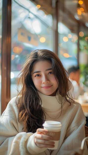 Photo pretty woman sitting at cafe with cup of coffee