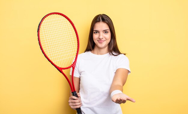 Pretty woman smiling happily with friendly and  offering and showing a concept. tennis player concept