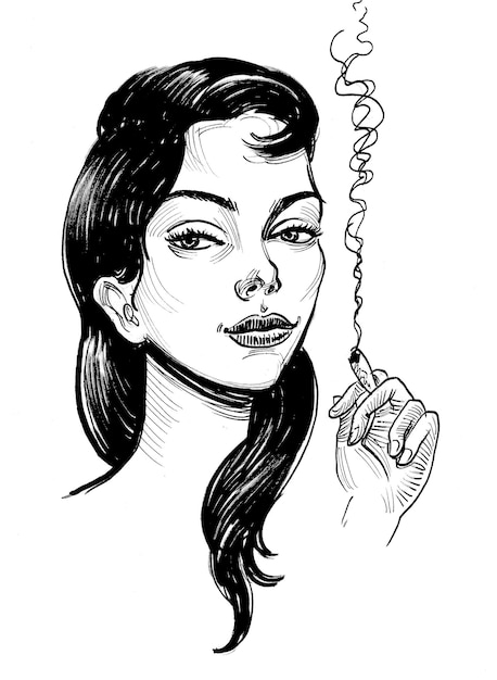 Pretty woman smoking marijuana joint Ink black and white drawing