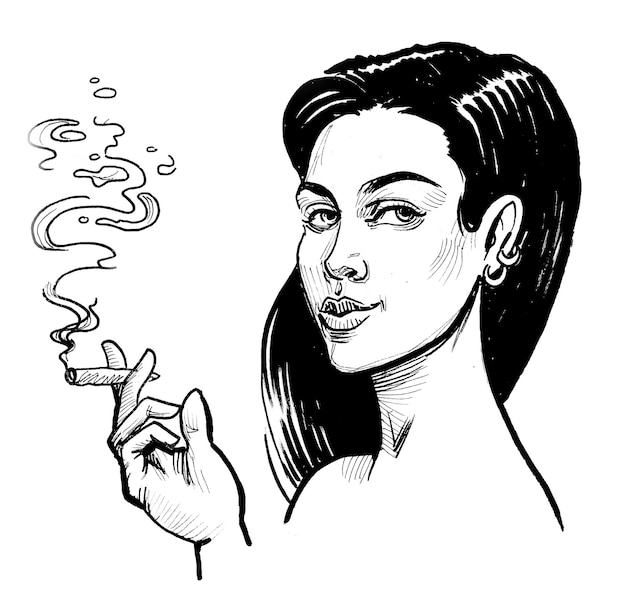 Pretty woman smoking marijuana joint Ink black and white drawing