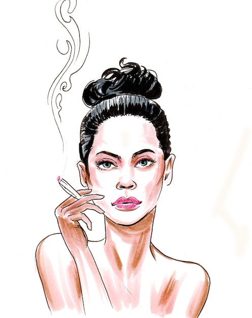 Pretty woman smoking marijuana joint. Ink and watercolor drawing