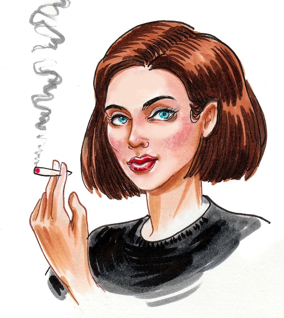 Pretty woman smoking marijuana joint. Ink and watercolor drawing