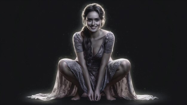 Pretty woman squatting on dark background
