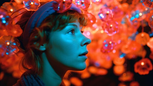 カラフルな光と泡に囲まれたきれいな女性の壁紙ストック写真 生成 AI