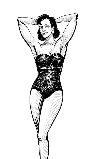 Pretty woman in swimming suit ink black and white drawing