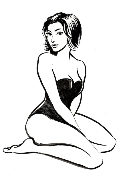 Pretty woman in swimming suit. Ink black and white drawing