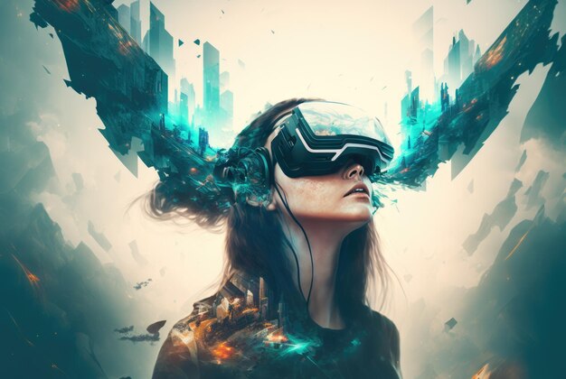 Pretty woman in a virtual reality headset a futuristic concept of the metaverse