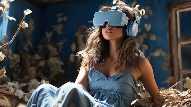 Pretty woman in VR helmet wearing a dress technology ai generated