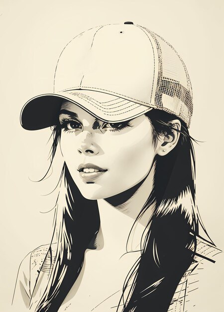 Foto una bella donna che indossa un berretto da baseball in stile serigrafia a illustrazione bianca