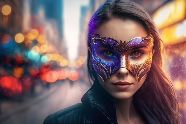 Pretty woman wearing a colorful carnival costume mask on a blurred city background generative ai