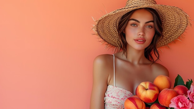 Photo a pretty woman wearing a summer hat holds a fruit basket against a backdrop of peach generative ai