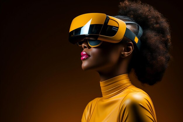 Pretty woman wearing VR goggles Technology digital Futuristic innovation device concept