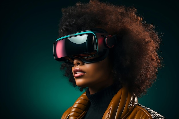 Pretty woman wearing VR goggles Technology digital Futuristic innovation device concept