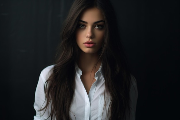 Pretty woman in white button up shirt septum piercing and long dark hair dark light photography