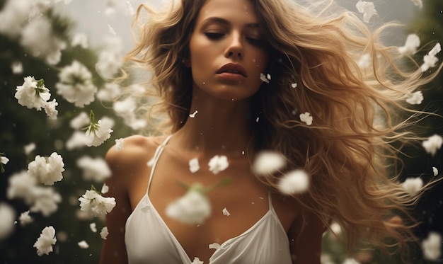 pretty woman in white dress standing under flowers rain
