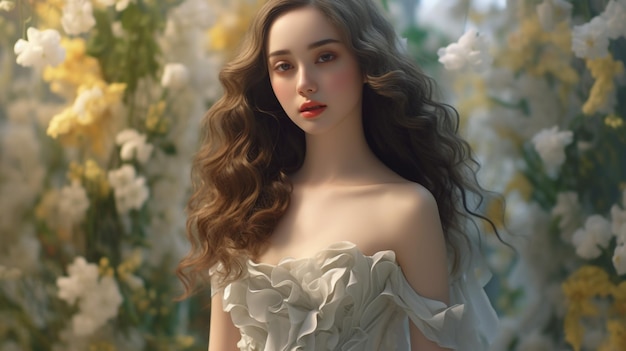 Красивая женщина в белом платье стоит в цветочном саду