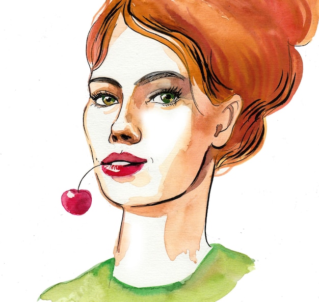 Pretty woman with a cherry fruit. Ink and watercolor