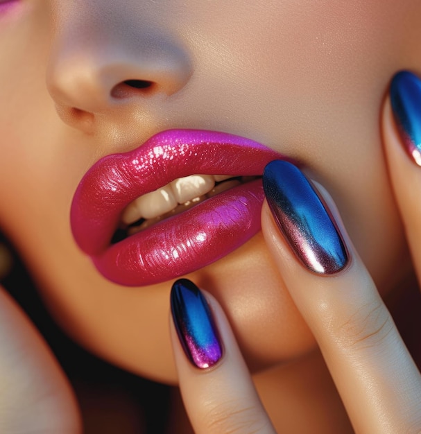 Photo pretty woman with colourful manicure and lips