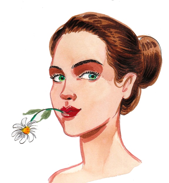 Pretty woman with a flower in her mouth. Ink and watercolor drawing