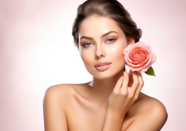 Pretty Woman with Healthy Skin and Pink Rose Stunning Portrait
