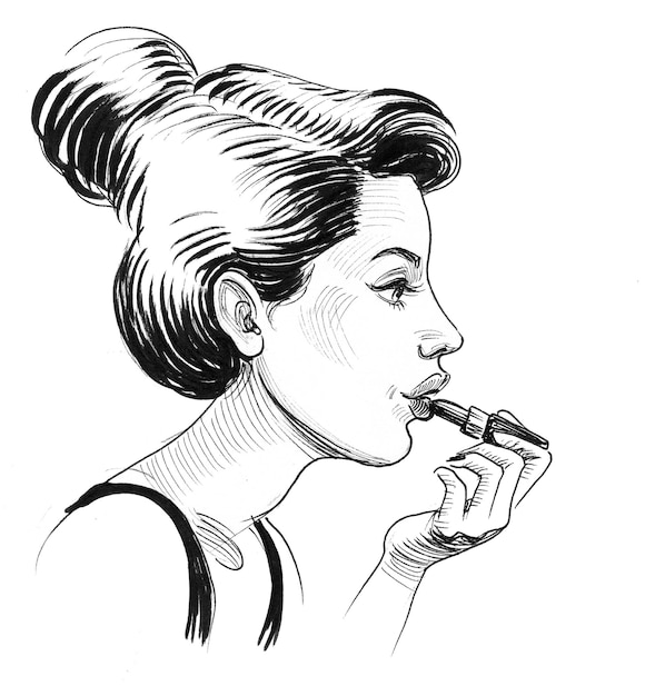 Pretty woman with a lipstick. Ink black and white drawing